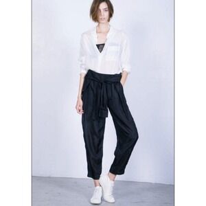 RAQUEL ALLEGRA Sleeve Waist Tie Pant Black Silk Loose Taper Leg Hip Pockets SZ M